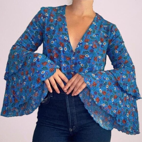 Free People Intimately She's Dainty Blue Bodysuit Top Flared Sleeve Medium - Picture 4 of 4